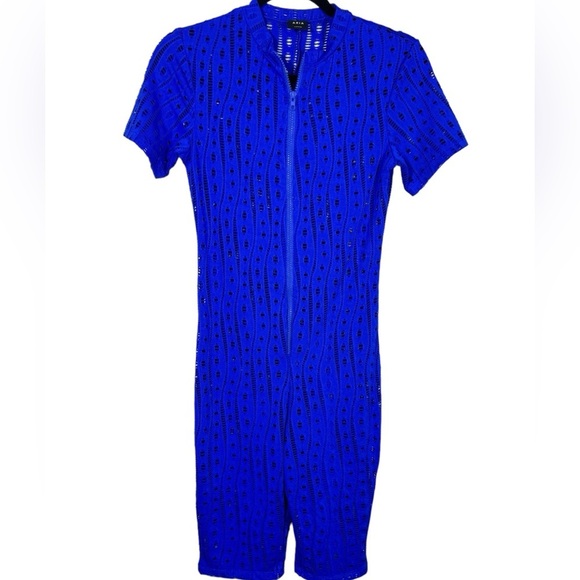 Aria Women's Zip Up Body con Hollow Romper Royal Blue Size Small - Picture 2 of 9